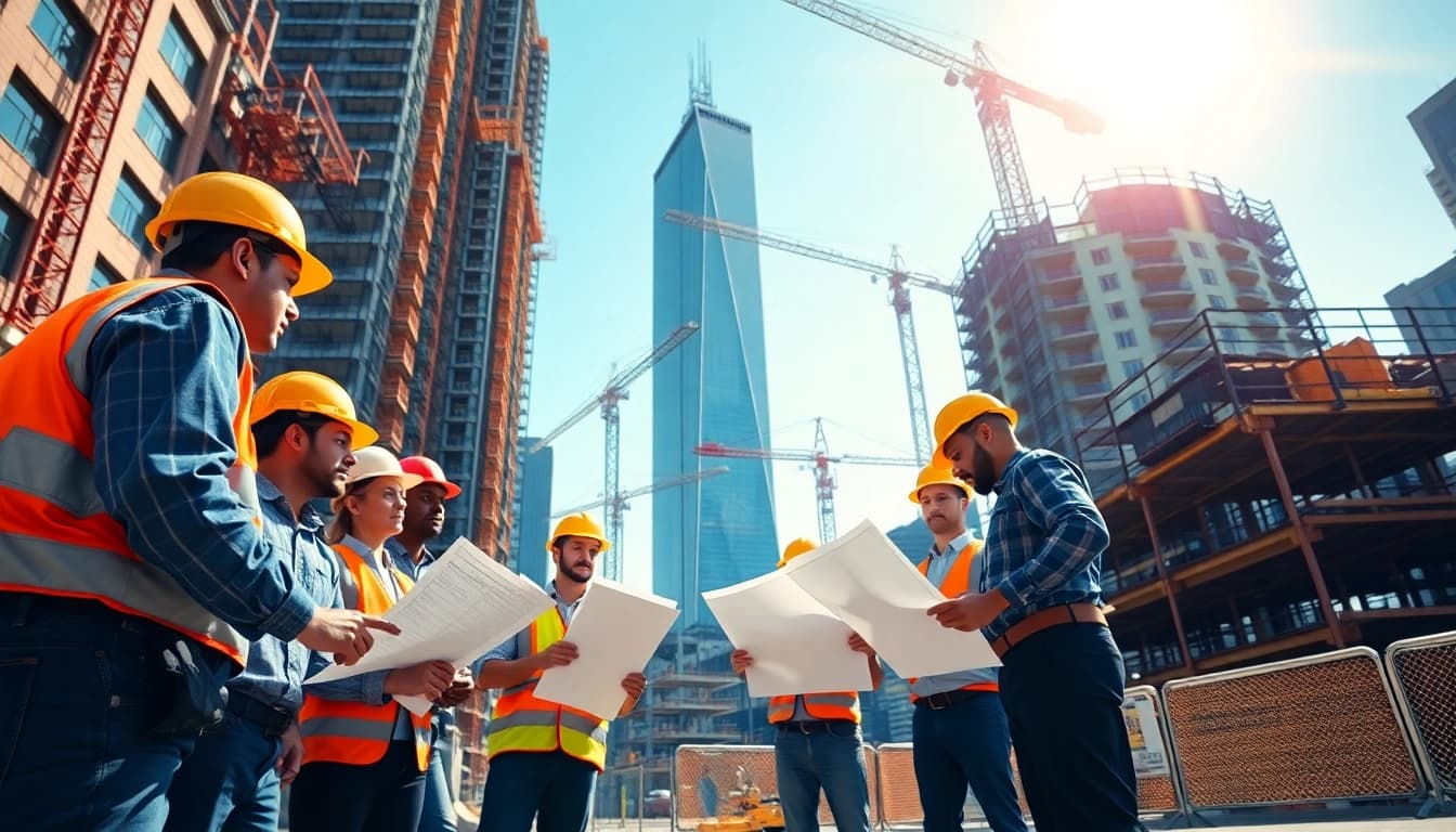 Engaged construction workers collaborate on-site under the expertise of a New York City General Contractor.