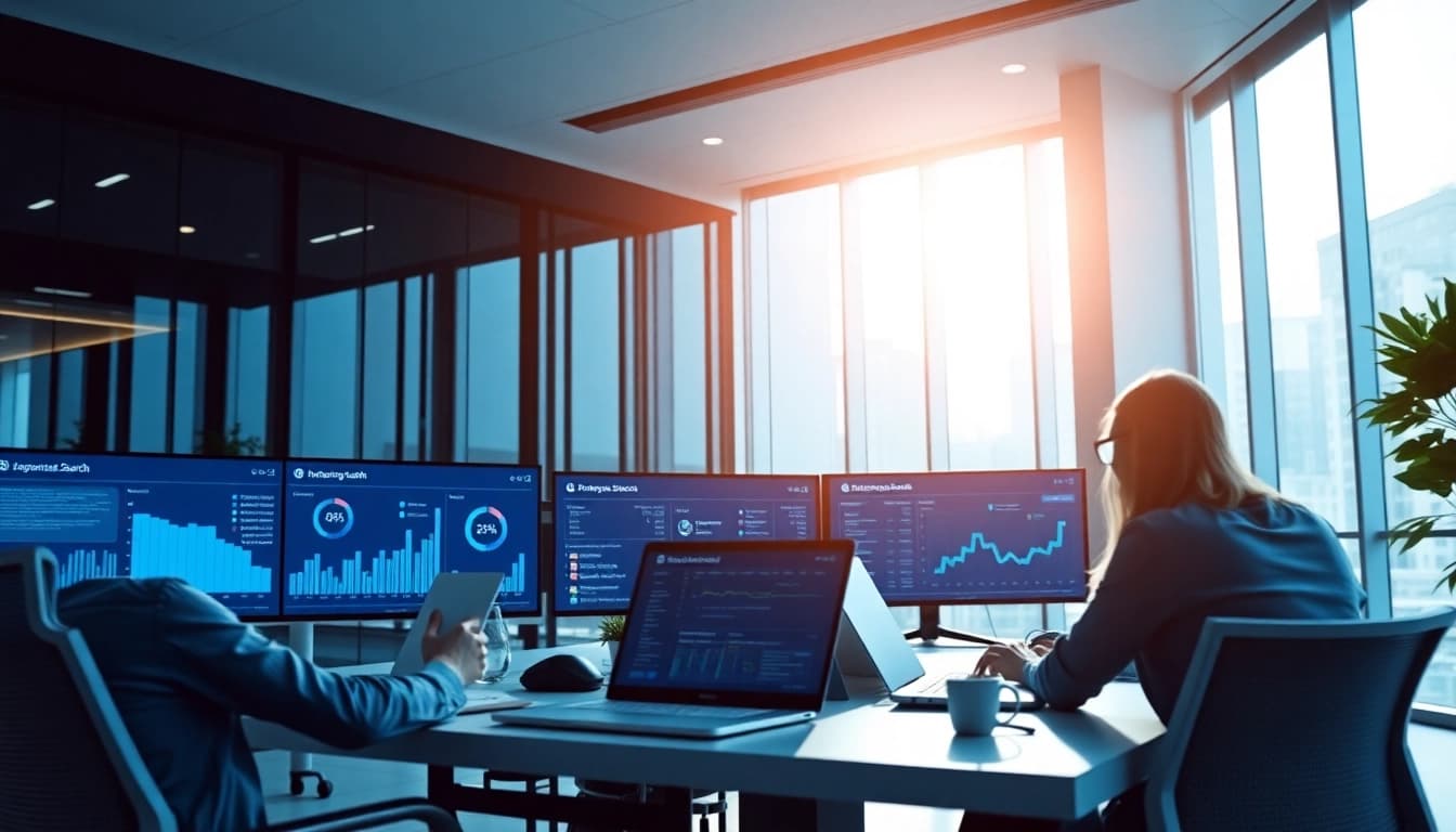 Showcase enterprise search tools in a sleek corporate workspace with digital dashboards and collaborative elements.