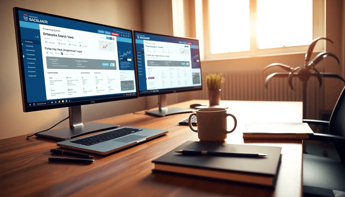 Showcasing enterprise search tools on modern screens in a professional workspace.