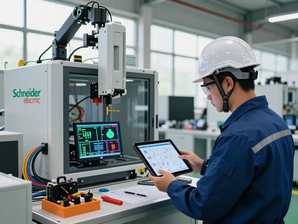 Engineer analyzing Schneider Electric’s energy-efficient systems in a modern industrial environment.