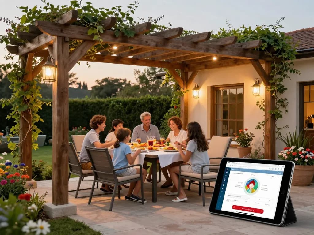 Family enjoying time under a custom-designed pergola using an online pergola configurator.