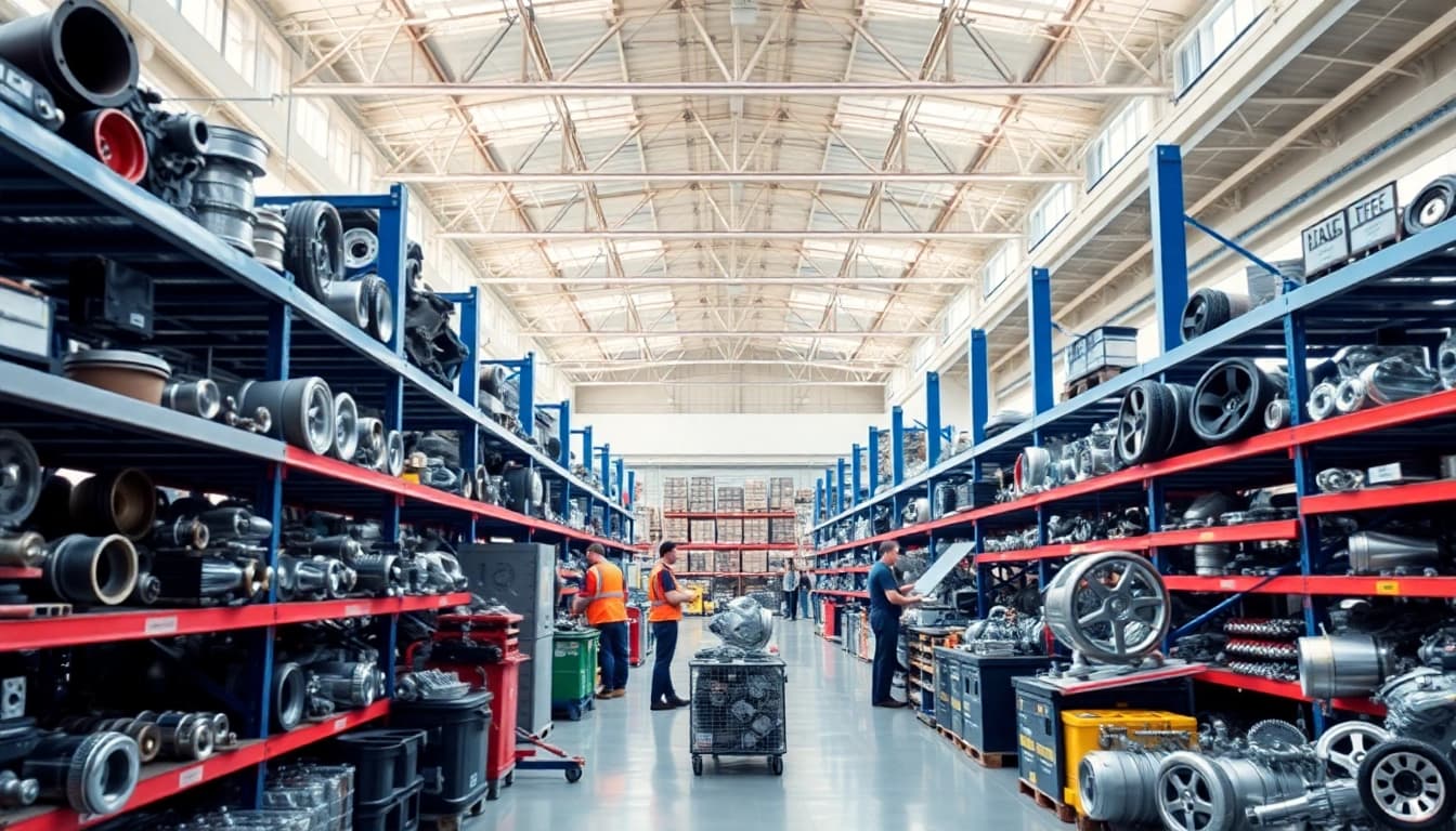 Learn about automotive parts at https://factoryoemsupply.com/ with a vibrant warehouse scene.