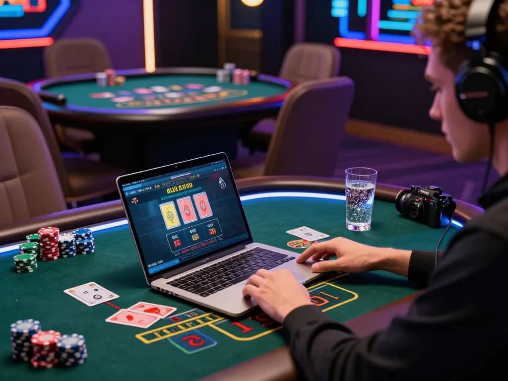 Gamer enjoying baccarat on a 바카라사이트 with a modern gaming setup and luxury ambiance.
