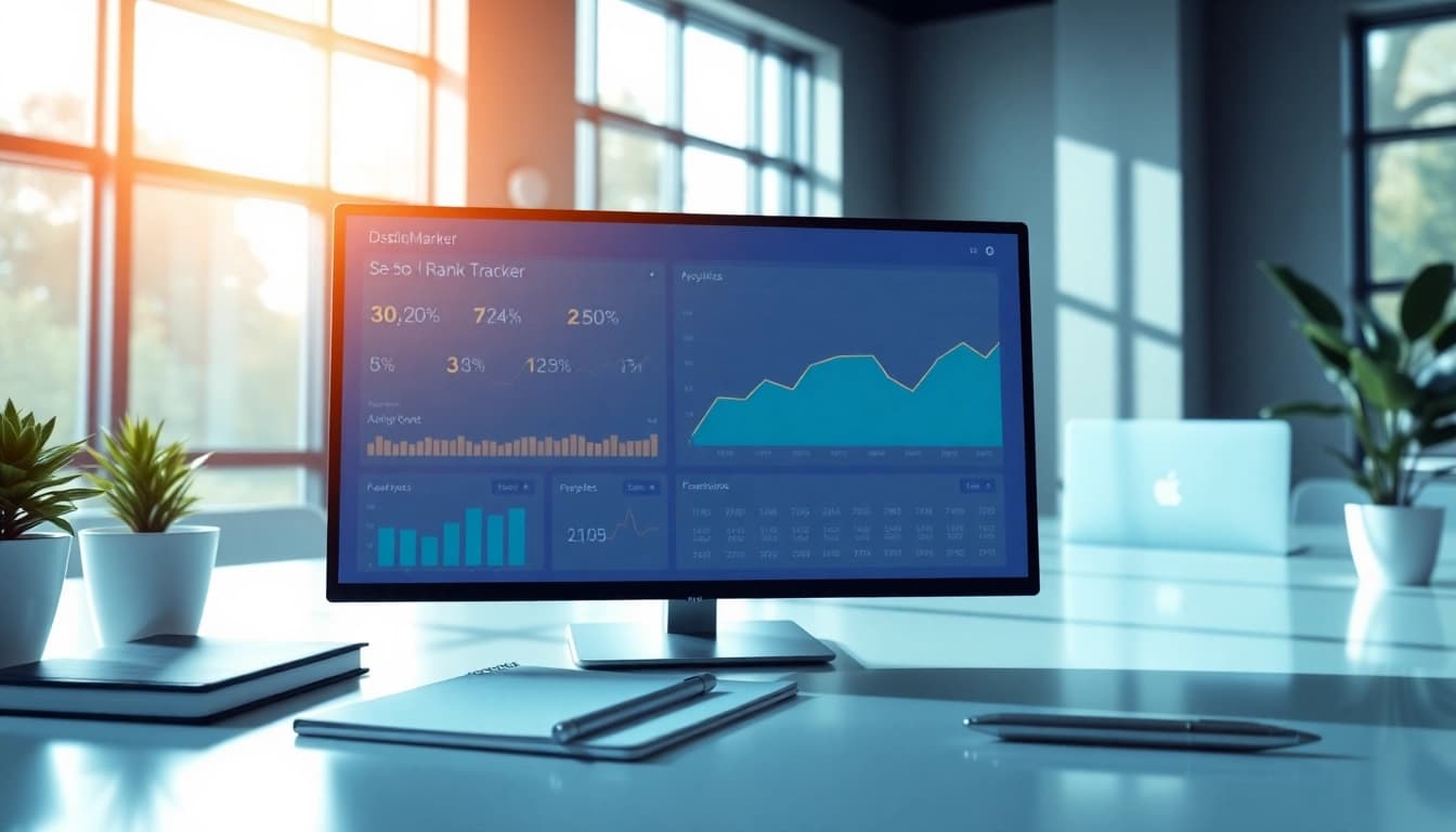 Analyze SEO Rank Tracker metrics through a digital marketing dashboard in a modern office setting.