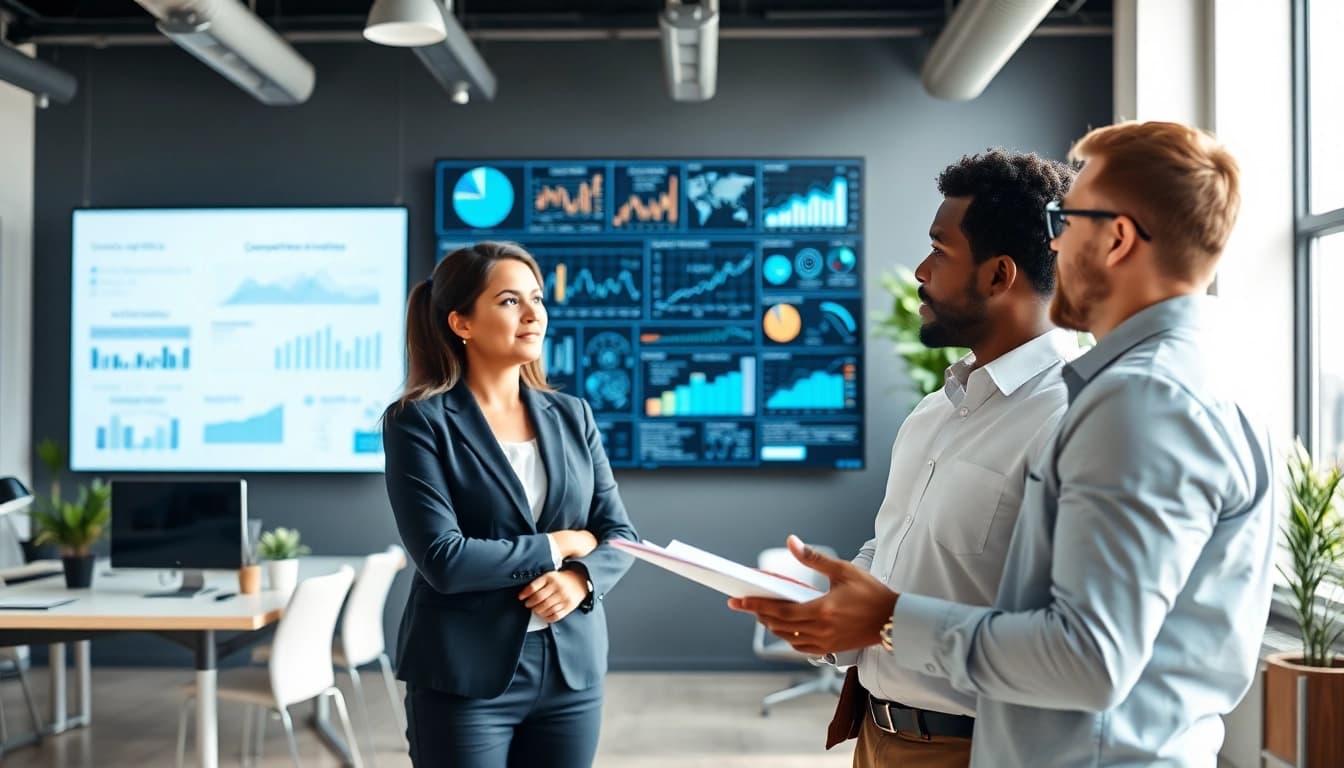 Engaging professionals examining competitive intelligence faqs data in a modern office setting.