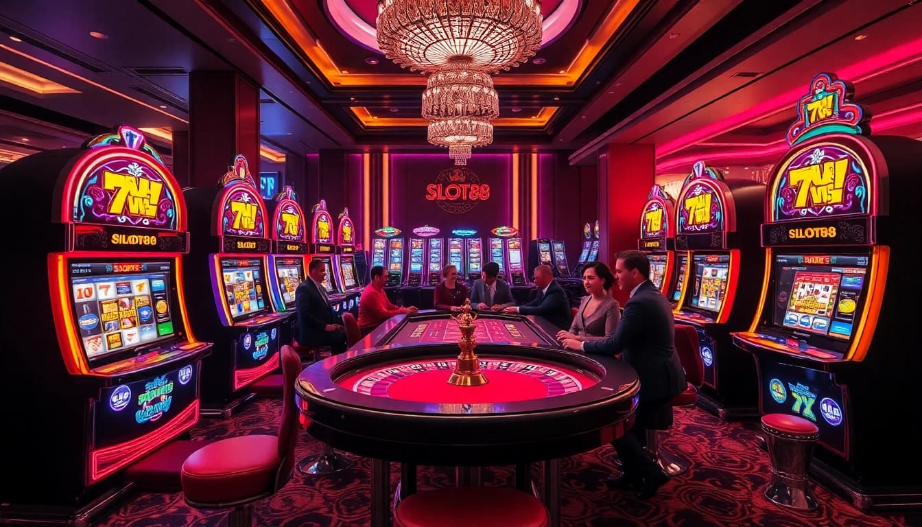 Pulsating excitement of SLOT88 with vibrant slot machines and a roulette table in a luxurious casino setting.
