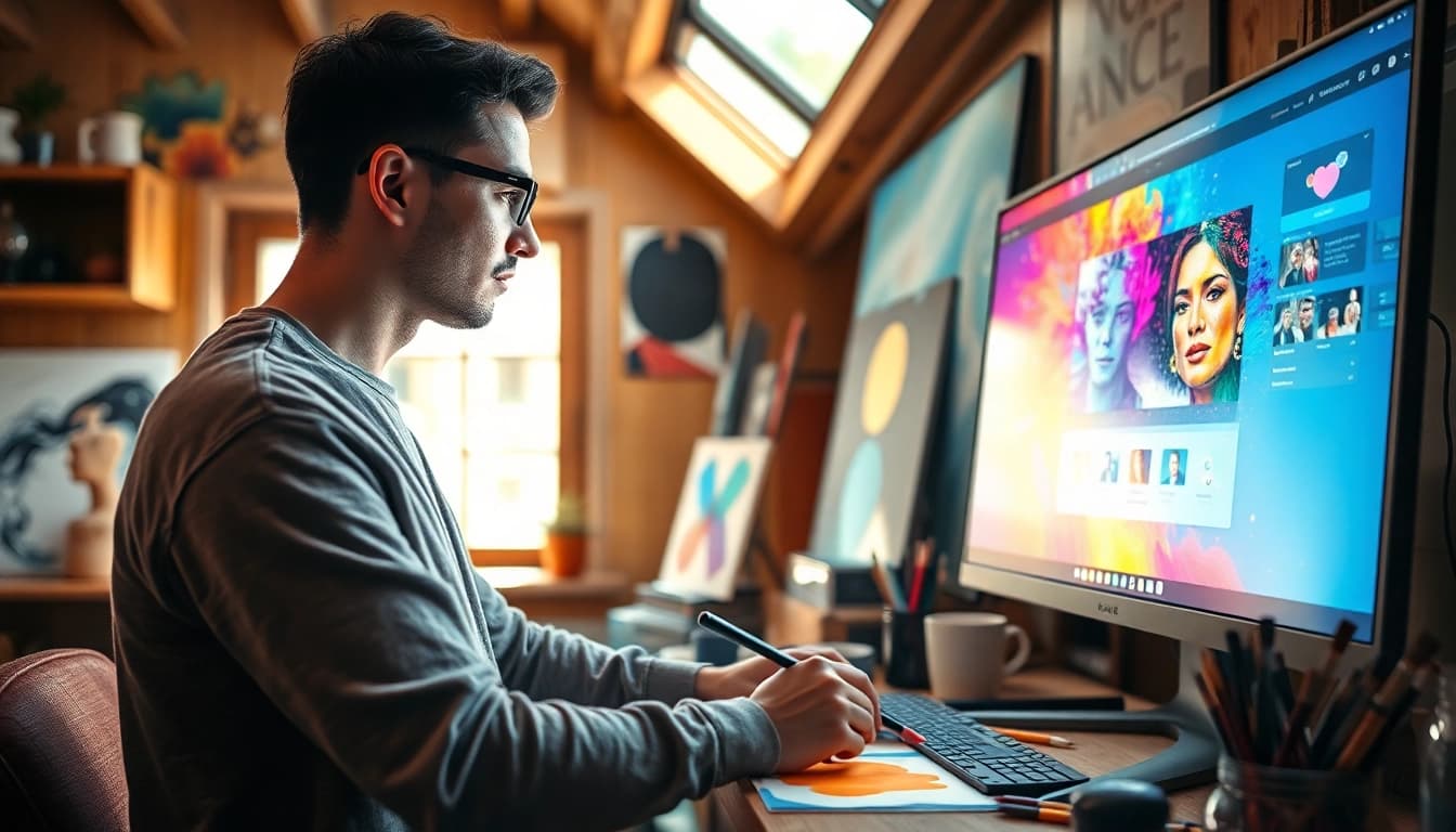 Creating artwork with an image generator in a vibrant artist's studio.
