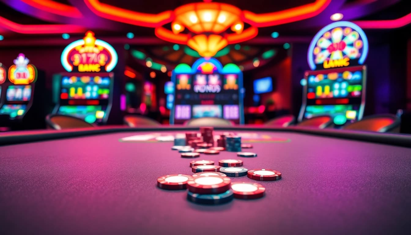 Situs judi yang menggoda dengan meja permainan dan mesin slot menyala di latar belakang.