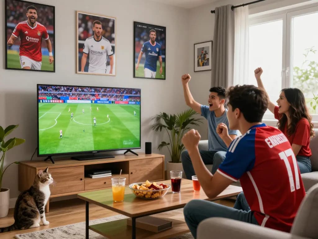Cakhia tv live soccer streaming experience with cheerful fans in a cozy living room.