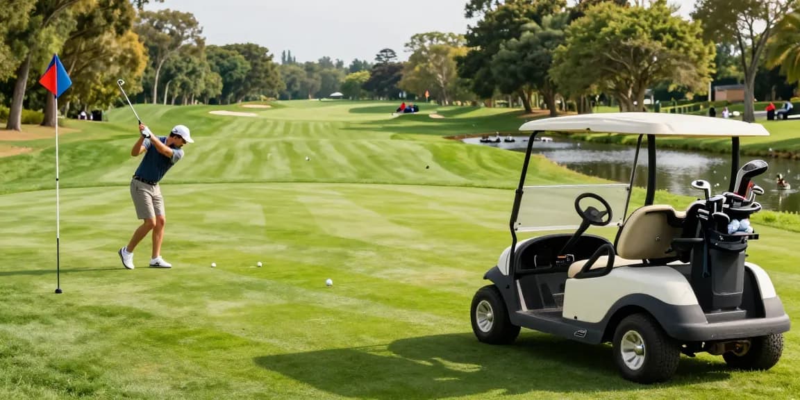 Golf cart with lithium golf cart battery on a sunny course, golfer preparing to swing.