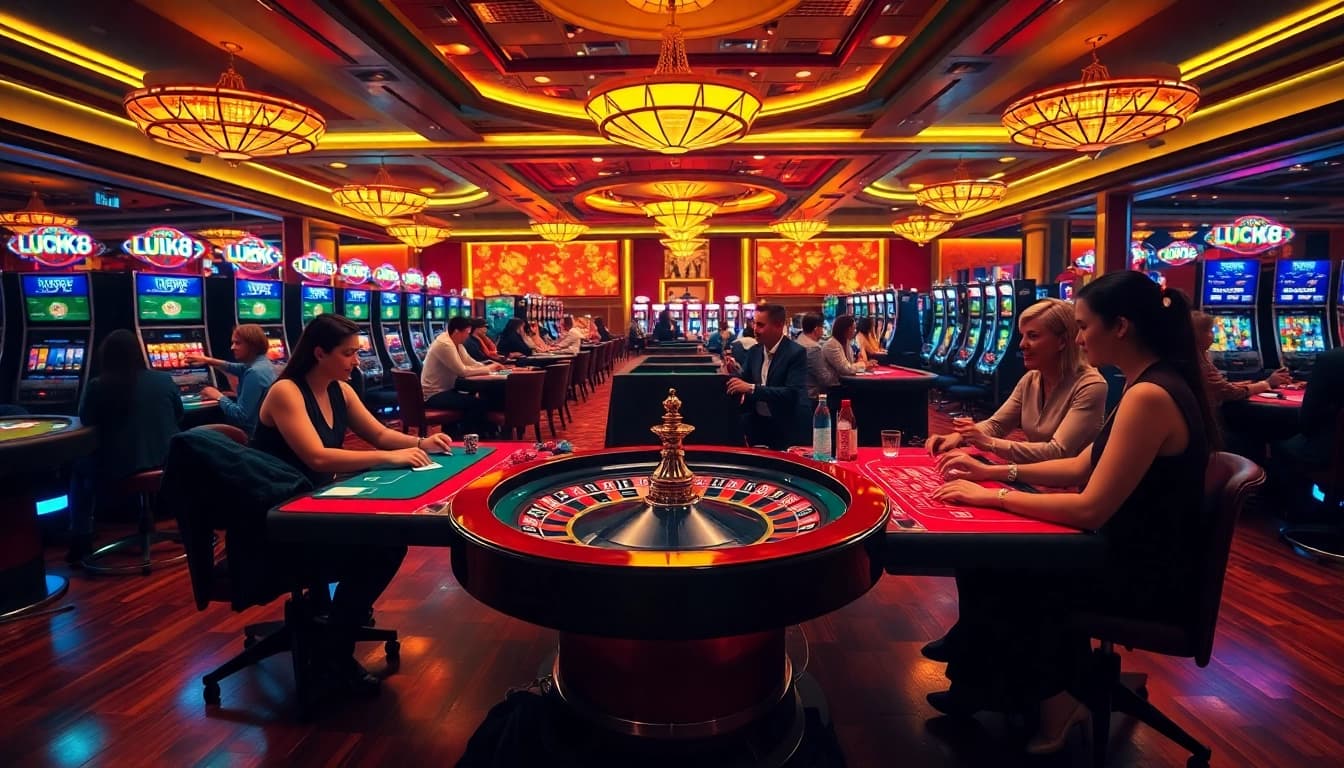 Excited players enjoying a thrilling LUCK8 casino atmosphere with roulette and slot machines.