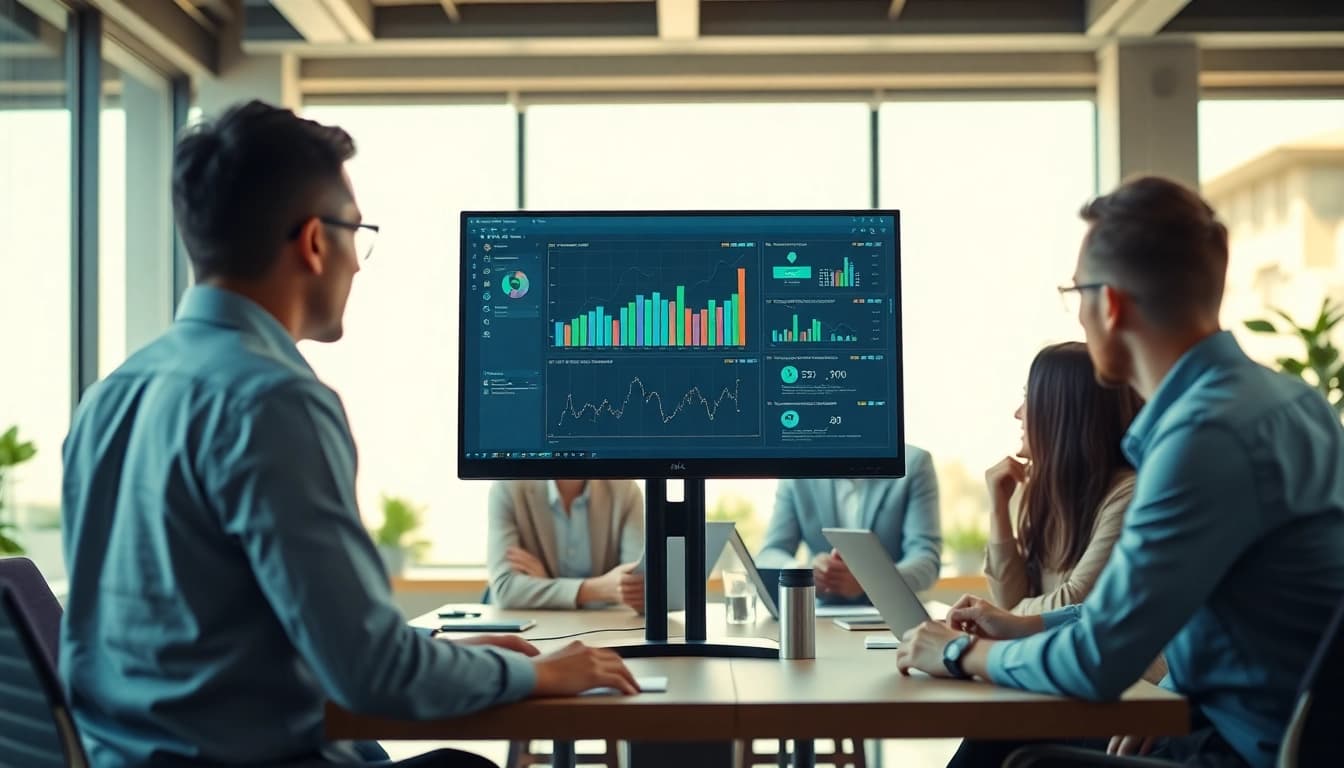Engage with the enterprise AI assistant showcasing dynamic data analytics in a vibrant office.