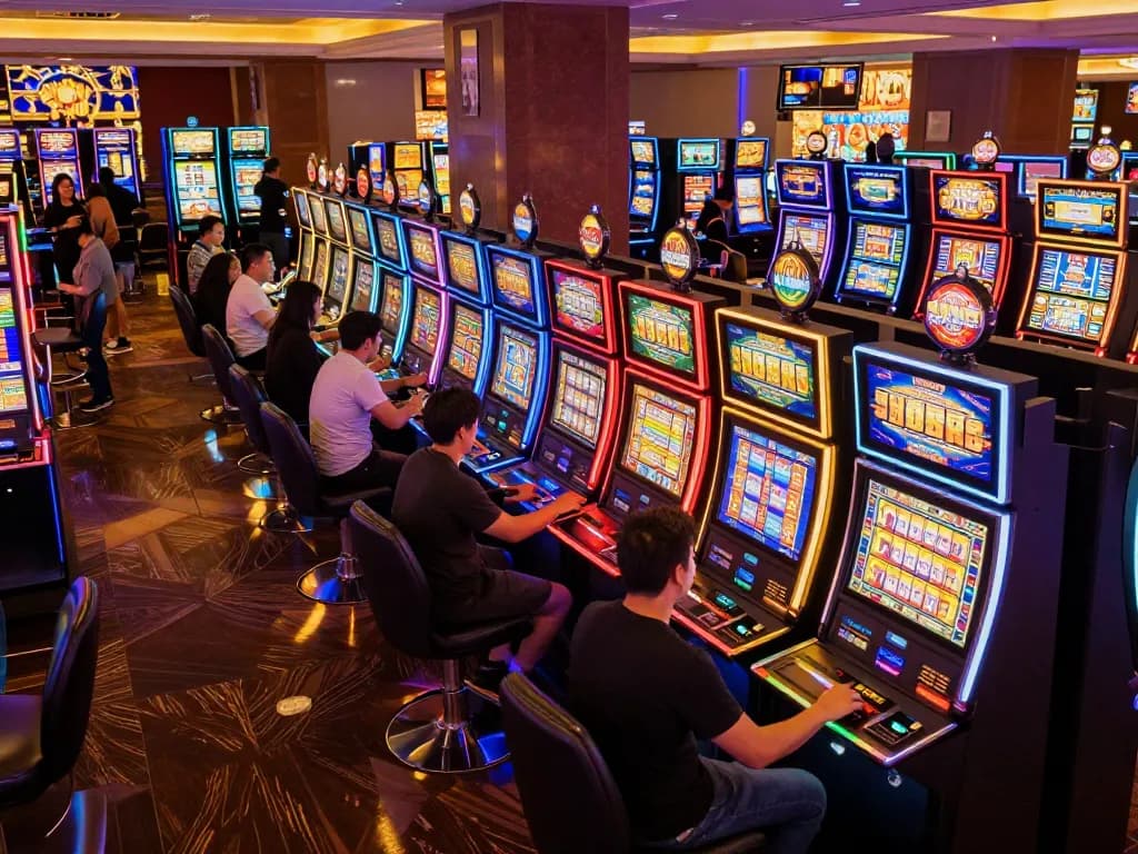 Players enjoying vibrant slot machines at a busy casino, highlighting เว็บสล็อต excitement and dynamic atmosphere.
