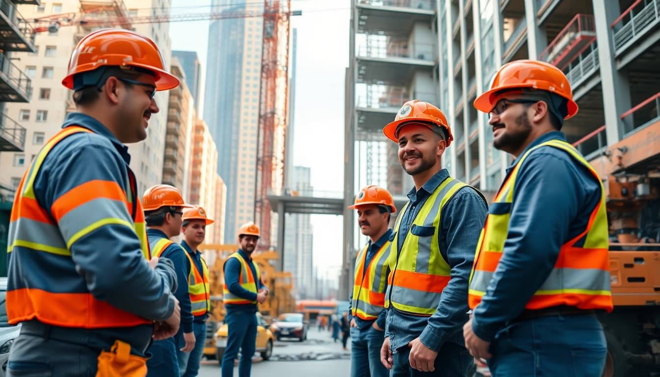 Showcasing construction workforce development through teamwork and collaboration among construction workers.