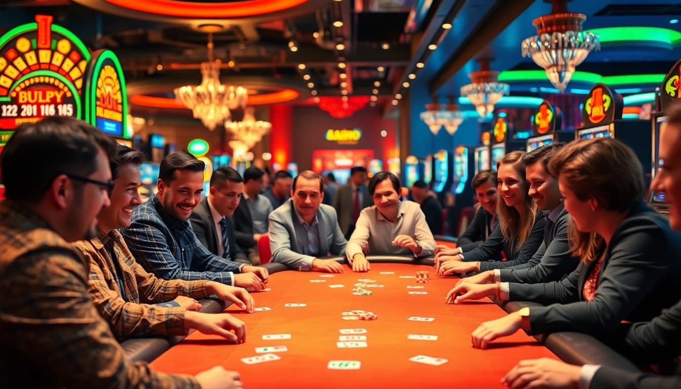 Masuk ke hoki 77 login yang menampilkan pemain kasino di meja poker dengan suasana yang bersemangat.