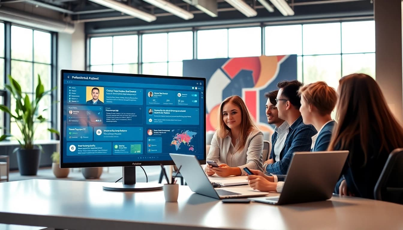 Engaging enterprise ai assistant interface used by a diverse team in a modern office setting.