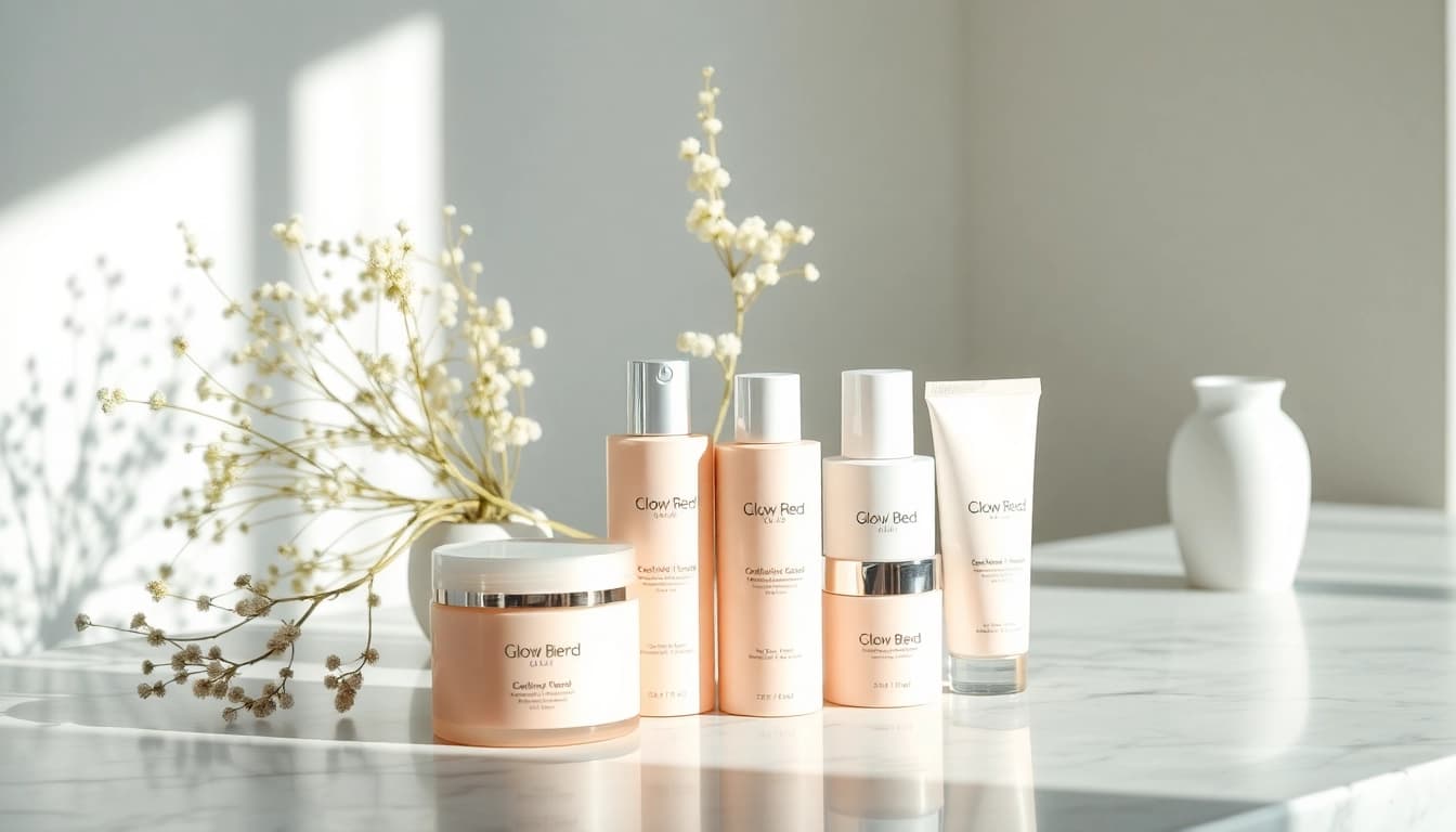 Showcase Glow Blend with elegant packaging on a marble countertop, capturing its beauty.