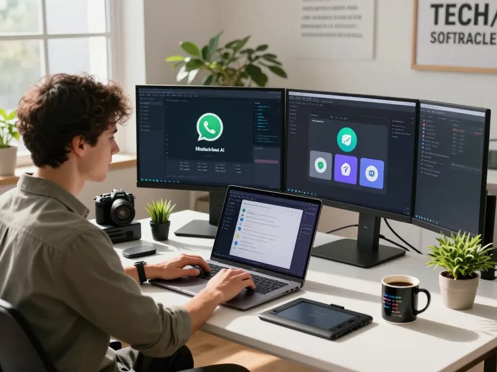 Developer using clawdbot AI assistant in modern workspace with multiple screens.