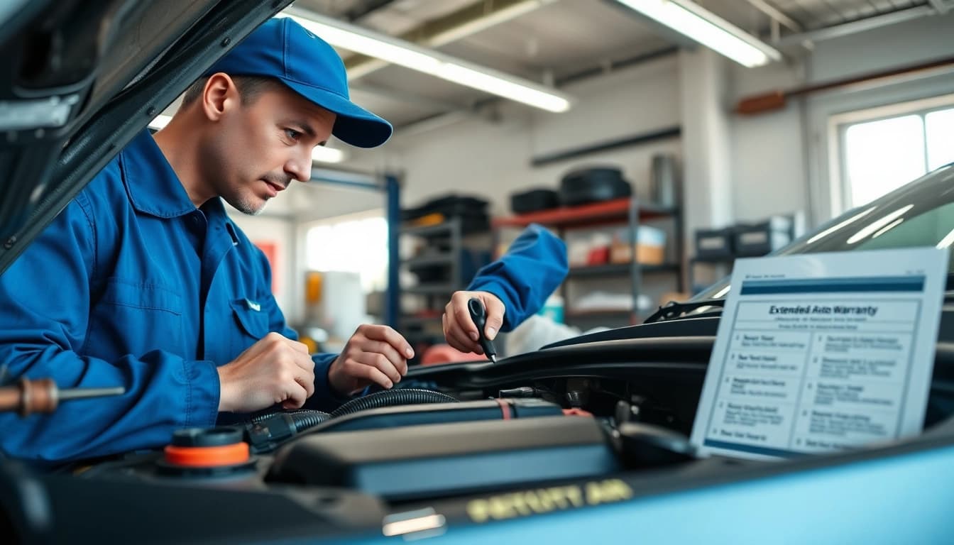 Technician analyzing car engine options related to extended auto warranty in a vibrant garage.