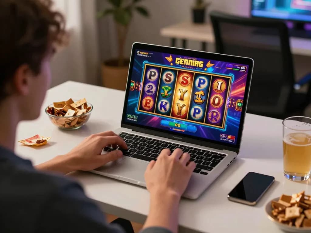 Engaged player enjoying a thrilling link slot game on their laptop in a cozy home environment.