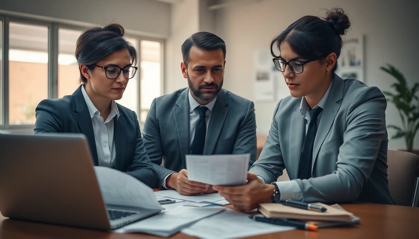 Consultants collaborating on contracts and grants in a professional office setting.