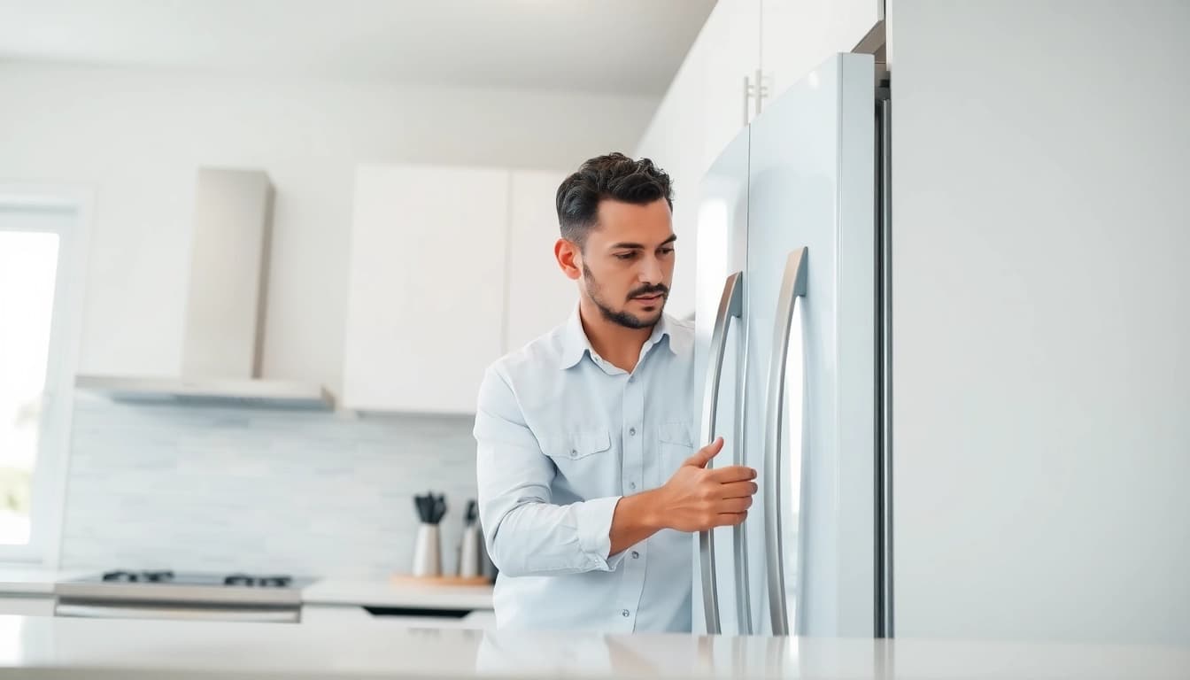 Technician performing appliance repair los angeles on a sleek refrigerator in a bright kitchen.