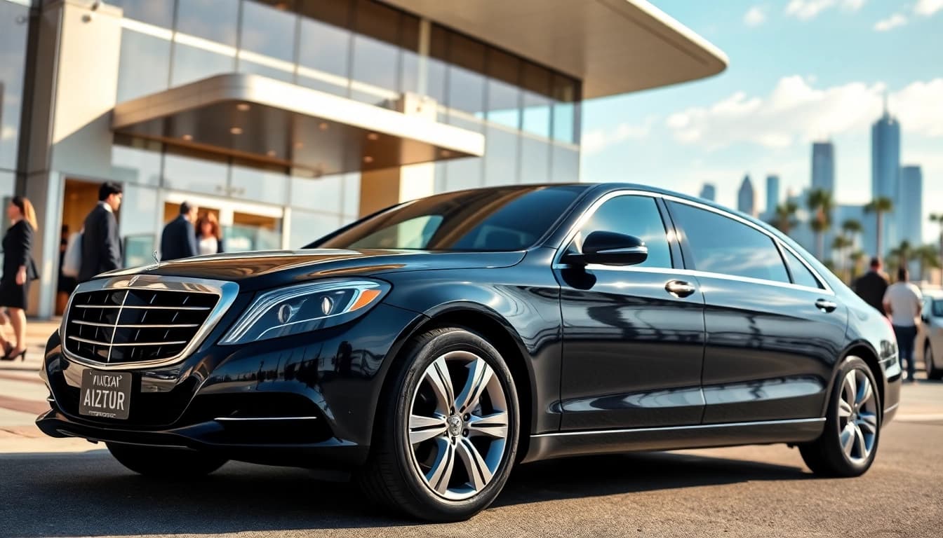 Experience exemplary airport black car service with a sleek vehicle at a luxurious setting.