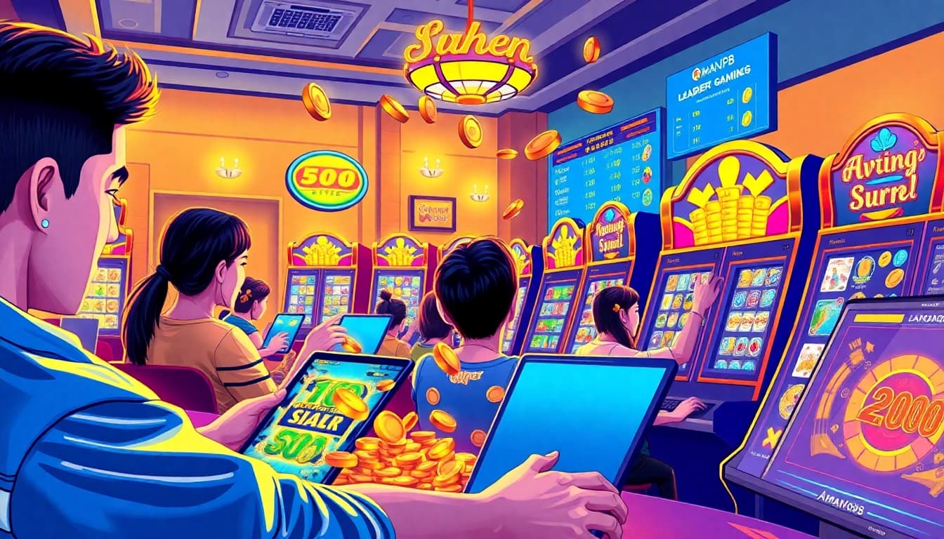 A dynamic online gaming scene celebrating a win with aman788 featuring vibrant slot machine graphics and user excitement.
