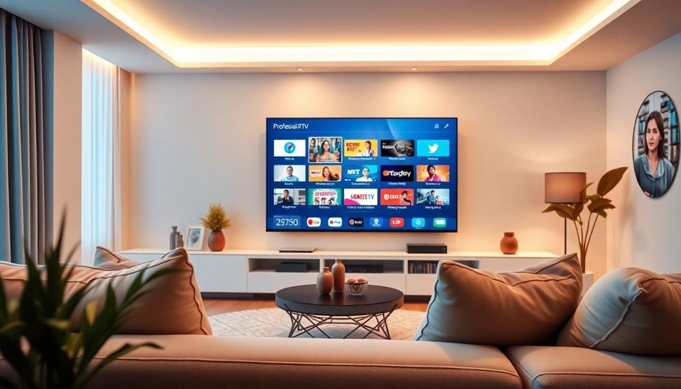 Discover advantages of an IPTV subscription in a stylish living room setting.