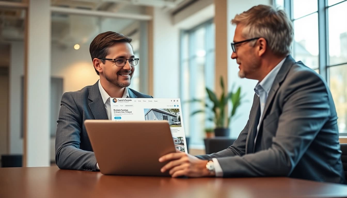 Discover businesses for sale in a professional environment with a broker assisting a client.