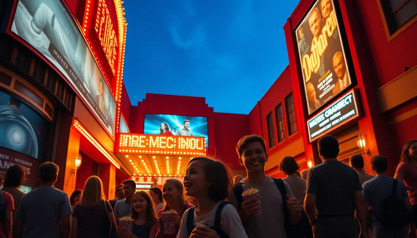 Excited audience entering a cinema to enjoy ดูหนังออนไลน์, with vibrant lights and lively atmosphere.