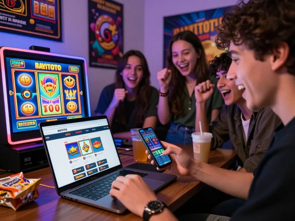 BAYITOTO gaming experience with a user playing online slots amid vibrant graphics and engaging atmosphere.