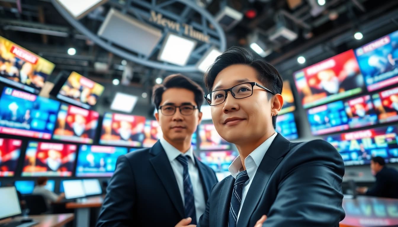 Capture the essence of news reporting with a professional reporter in a vibrant newsroom.