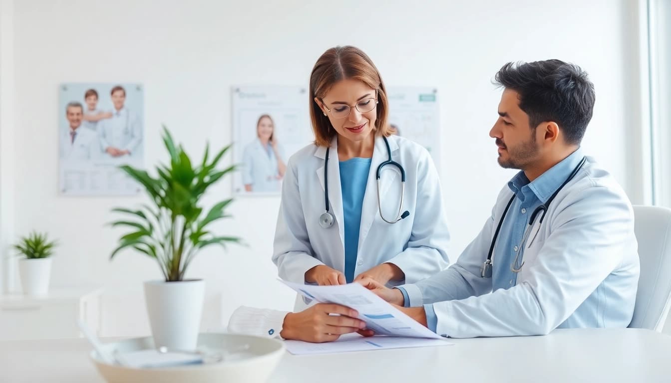 Consultation at https://www.medexdtc.com showcasing doctor talking to a patient in a modern clinic.