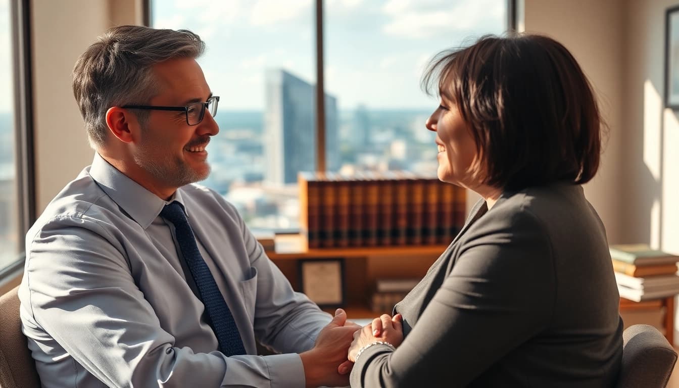 Sarasota injury lawyer consulting with a client in a bright office.