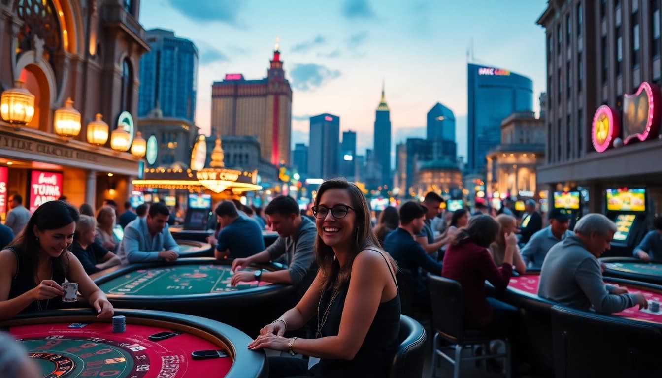 Players experiencing thrilling moments at casino sites amid vibrant urban nightlife.