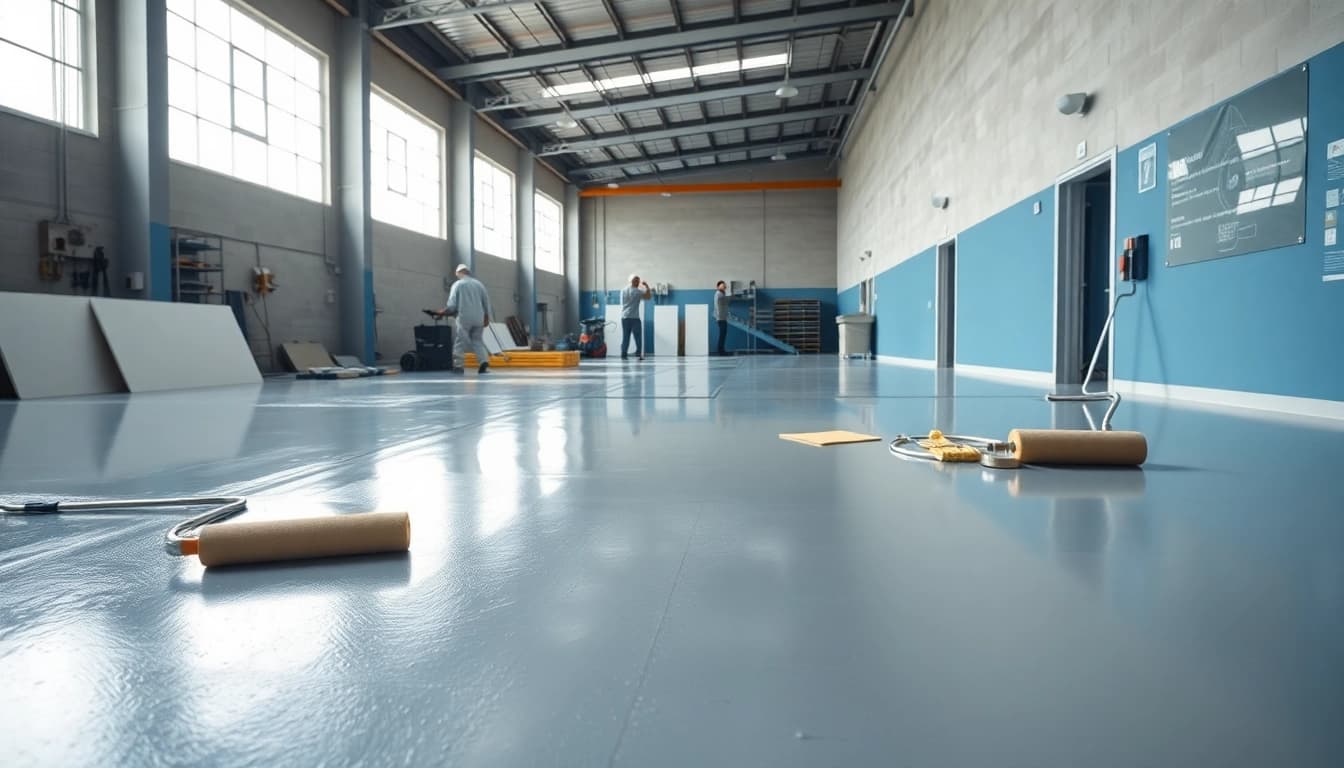Showcasing surfacing solutions applied in a modern industrial workspace with professional aesthetics.