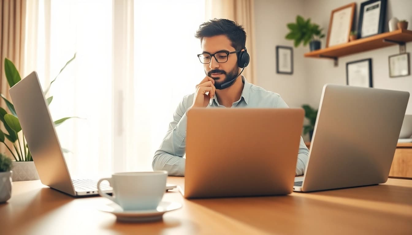 Engaged user utilizing a uk home voip system in a modern home office setup.