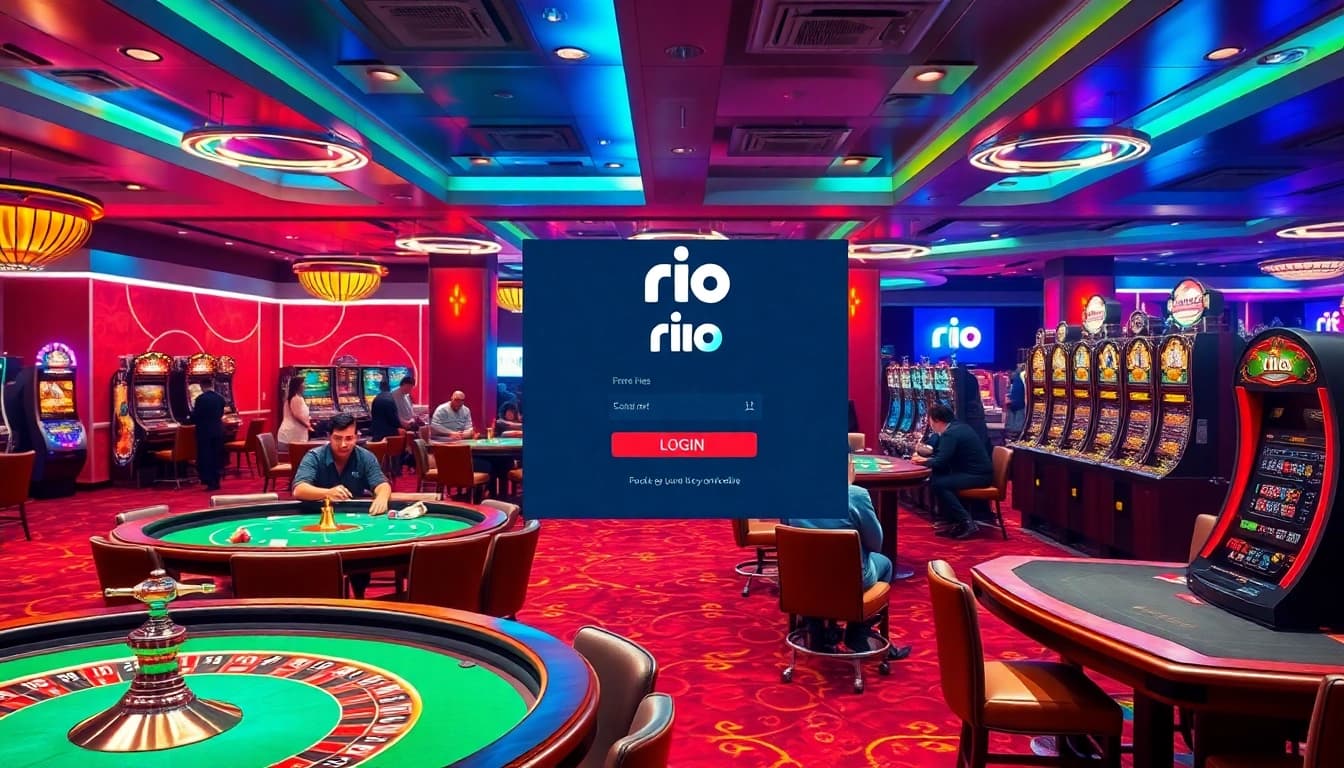 Exciting casino scene featuring players and rio Login interface for online gambling experience.
