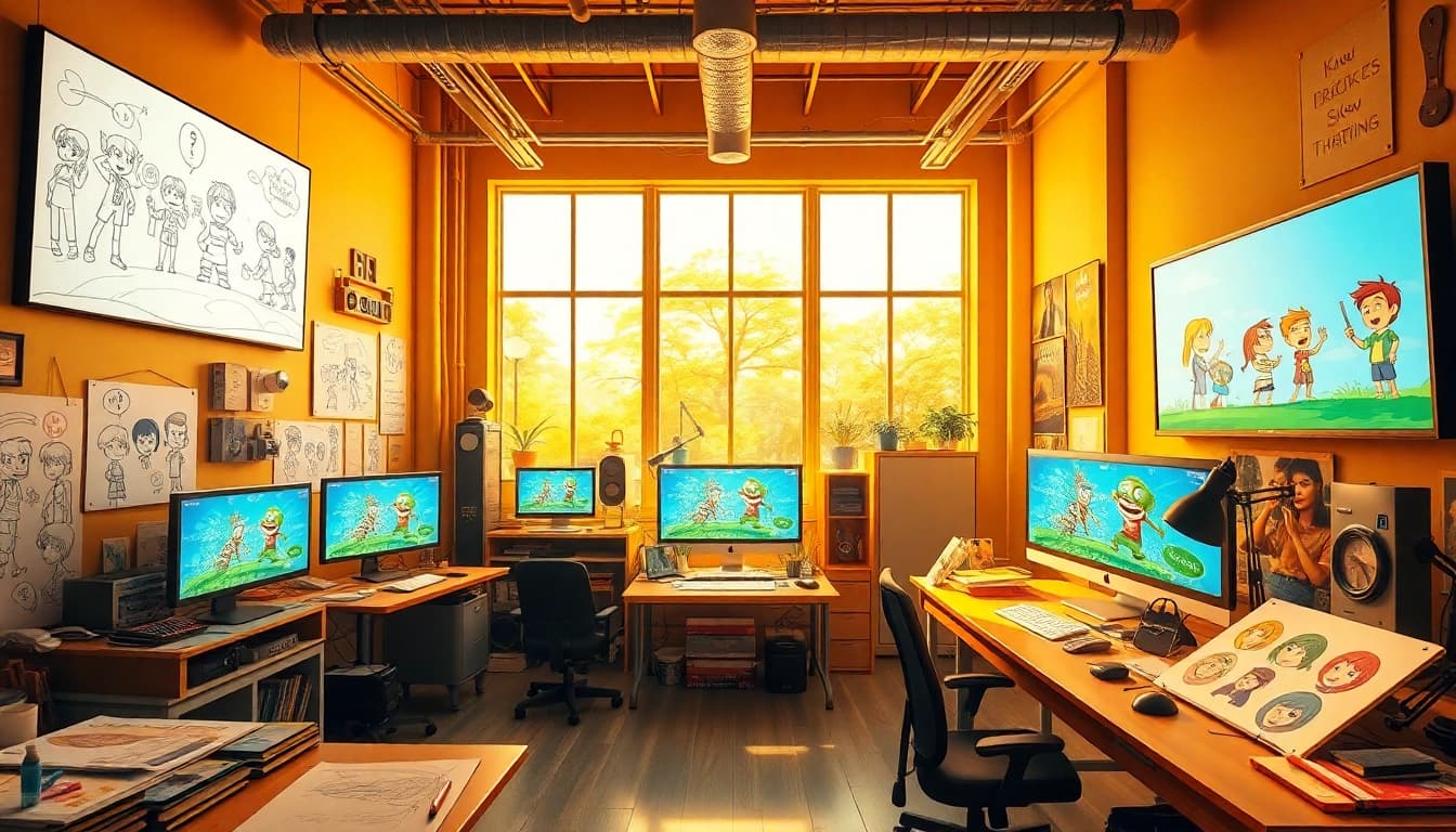 Animationsstudio präsentiert eine kreative Arbeitsumgebung mit Illustrationen und Künstlern bei der Arbeit.