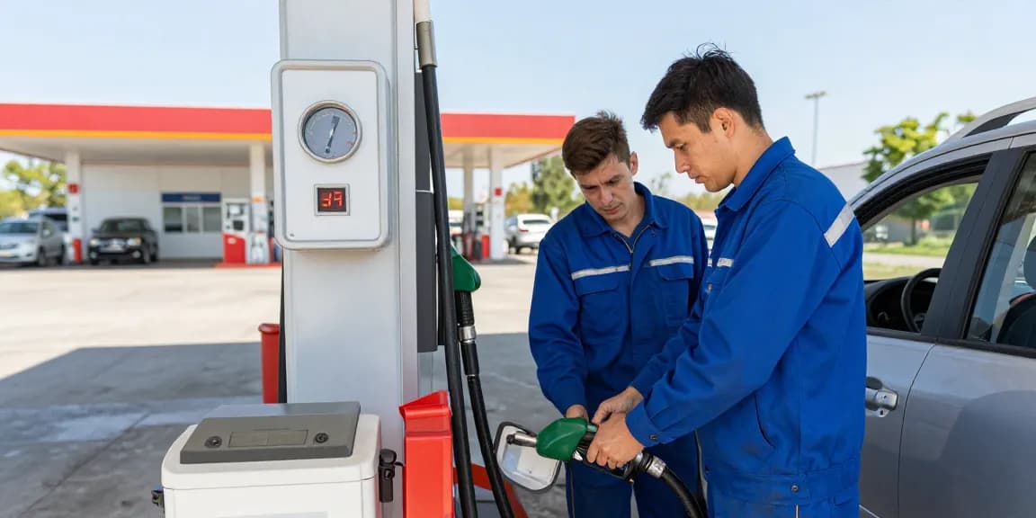 Mechanic draining petrol from a diesel car at a fuel station.