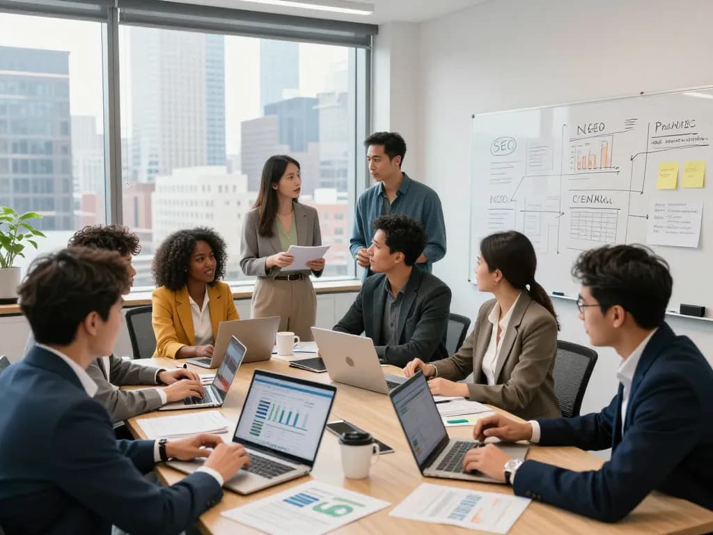 SEO Company in NYC professionals collaborating on digital marketing strategy in modern office.