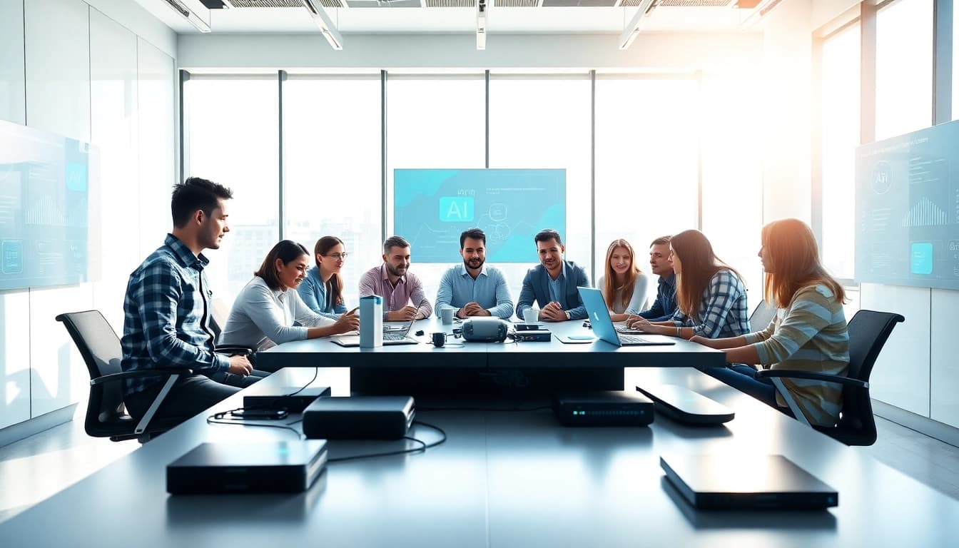 Dynamic meeting of diverse individuals innovating in an ai startup setting, highlighting collaboration.