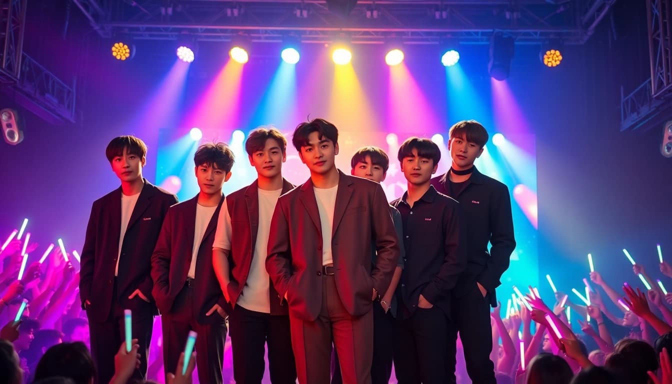 BTS members performing together on stage, showcasing vibrant energy and unity in their concert setting.