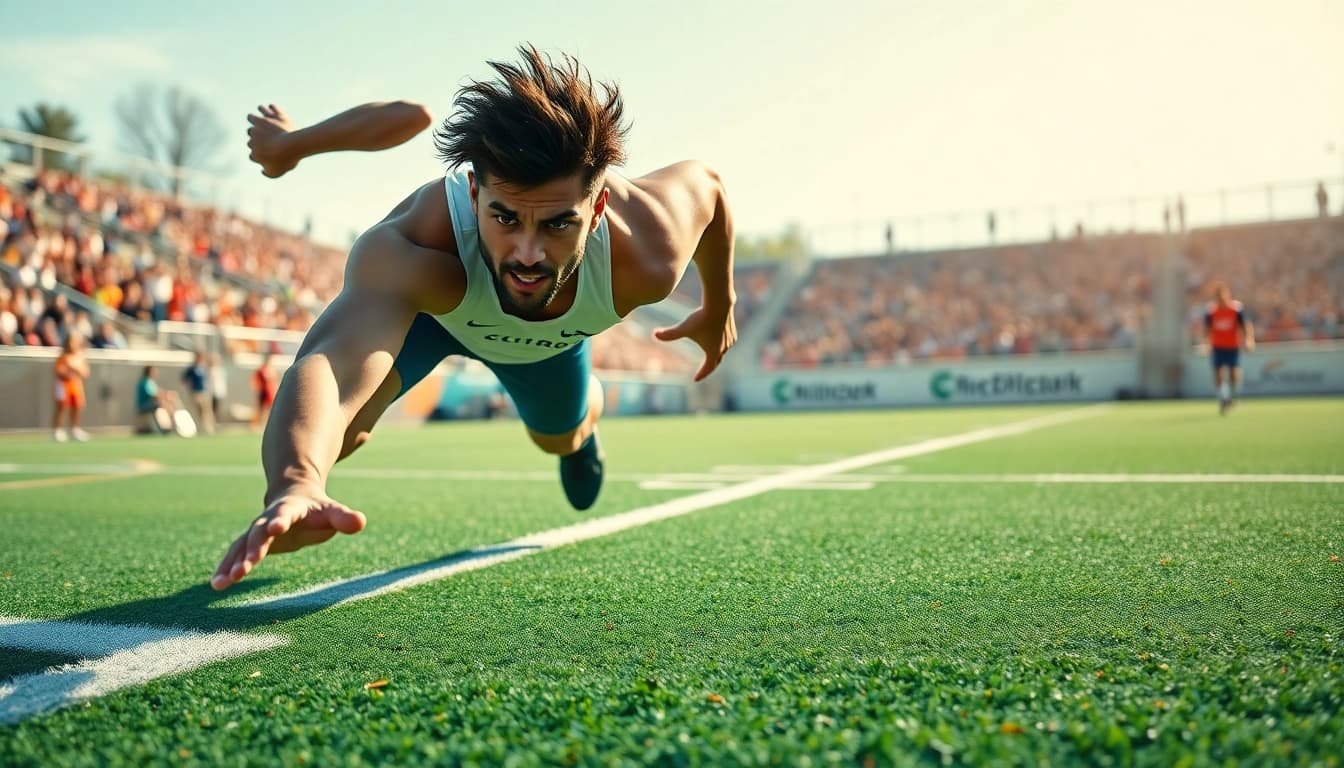 Showcasing agility, an athlete executes a dynamic movement on a sports field.