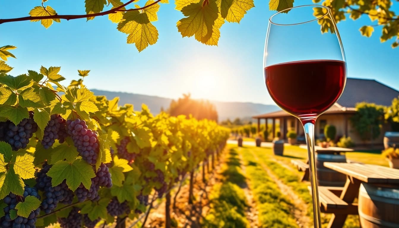 Savor the experience at Winery Sacramento with vibrant grape vines and a rustic tasting room.