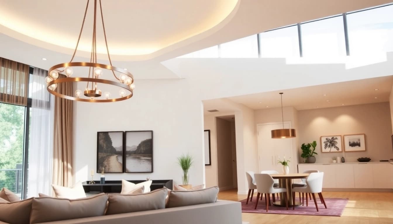 Inbouwspots verlichten een stijlvolle woonkamer en eetkamer omgeving.