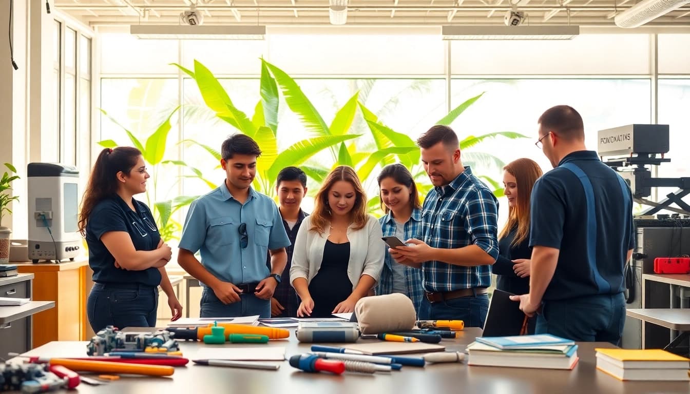 Students learning at trade schools in Hawaii, collaborating and using modern tools.