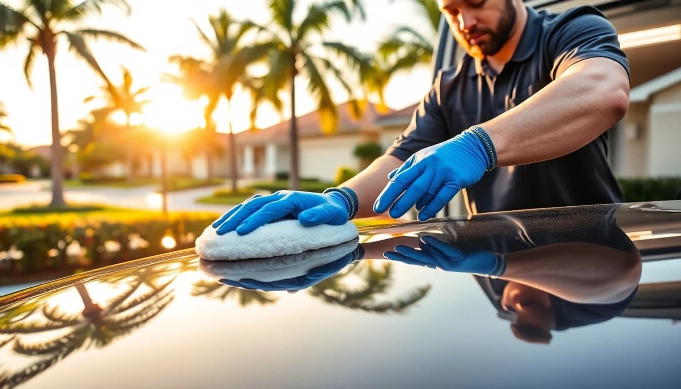 Mobile detailing Coral Springs technician expertly polishing a car in a sunny neighborhood.