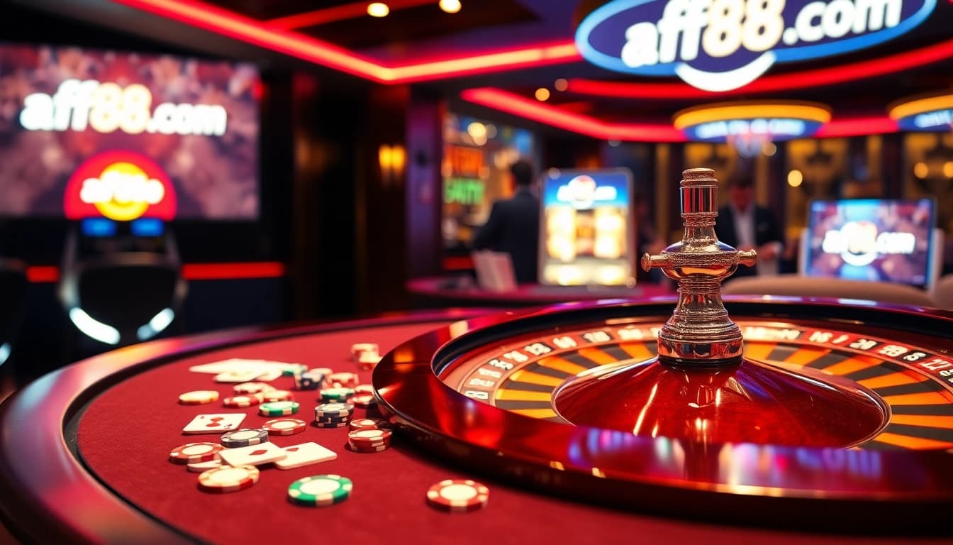 An exciting online gambling scene featuring the af88 com logo on digital screens, luxurious tables, and vibrant casino elements.